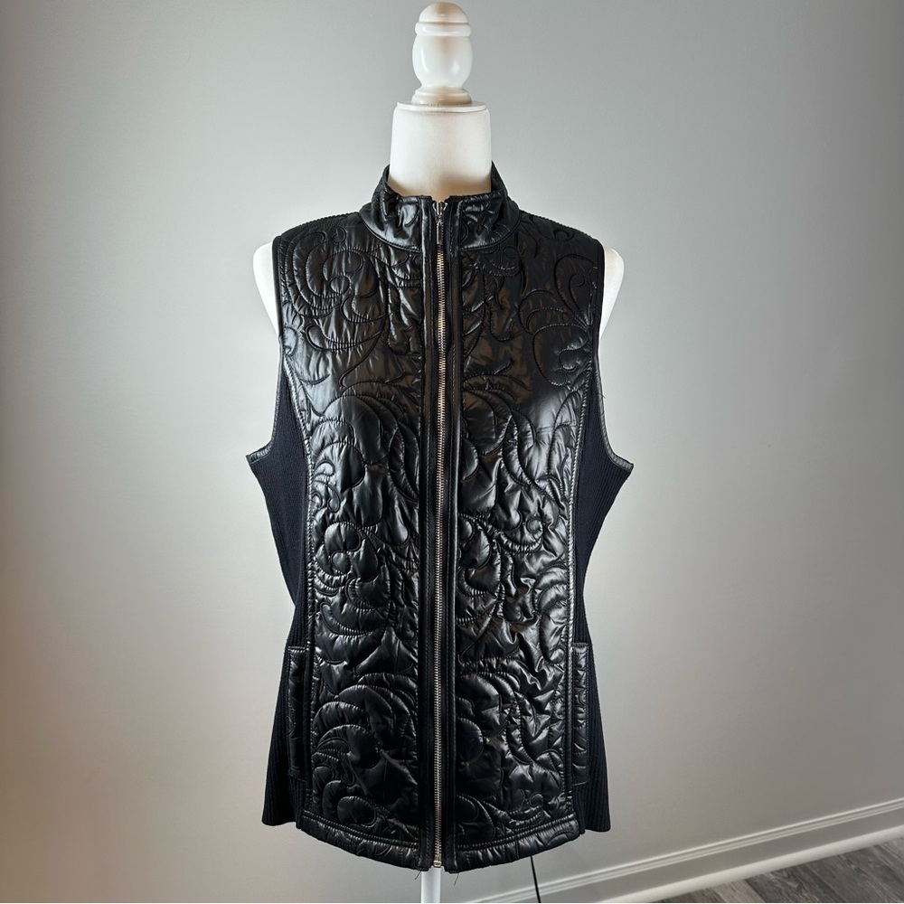 Chico’s Collection Black Quilted Faux Leather Vest Size 2 Sleek & Chic